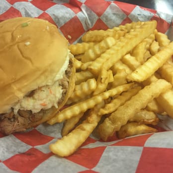 Surf Dogs  - Bbq sandwich with slaw. Husband liked the sauce and these fries with their special sauce were really good - Hot Dogs Near Me - Chesapeake, Virginia
