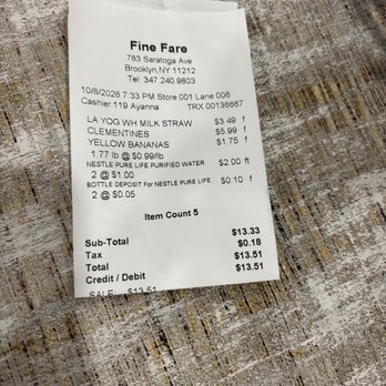 Fine Fare Super Market - Receipt - Grocery Near Me - Brooklyn, New York Fine Fare Super Market - Receipt - Grocery Near Me - Brooklyn, New York