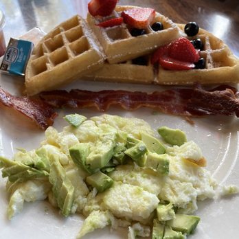 Mama's Egg House - Waffle plate - missing half of the eggs, avo, and bacon since it was shared between two - Breakfast & Brunch Near Me - Idyllwild, California
