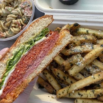 Amico Delicatessen - Amico sandwich, pasta salad, & pesto Parmesan fries - Delis Near Me - Townsend, Tennessee