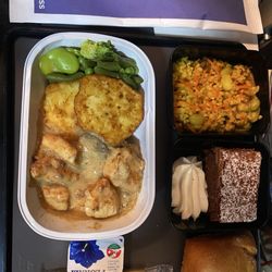 Swiss International Air Lines - Dinner: rosti with wity chicken Kiev, cold couscous salad and a carrot cake