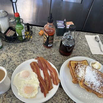 Don's Country Kitchen - Stuffed French Toast (apricot), eggs over easy, three pieces of bacon and a coffee. - Breakfast & Brunch Near Me - Carlsbad, California Don's Country Kitchen - Stuffed French Toast (apricot), eggs over easy, three pieces of bacon and a coffee. - Breakfast & Brunch Near Me - Carlsbad, California