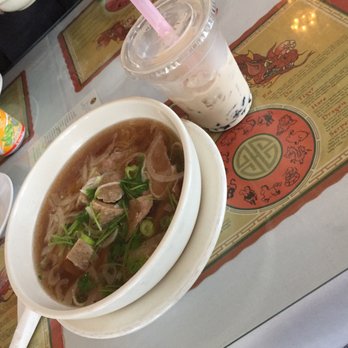 Pho Da Lat - Rare steak and meat ball with milk tea drink - Vietnamese Near Me - Lowell, Massachusetts
