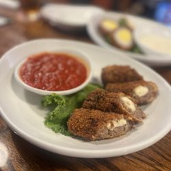Damsel Brew Pub - Meat Twinkies!!! Can you believe it?!?! Marinara came with it.