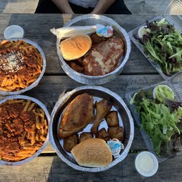 Combination number 1 with roasted chicken and combination number 2 with chicken parmigiana. Combination number 1 with roasted chicken and combination number 2 with chicken parmigiana.