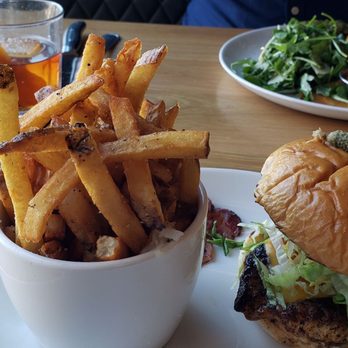 Moxies - Blackened Chkn burger with fries - Lounges Near Me - Plano, Texas Moxies - Blackened Chkn burger with fries - Lounges Near Me - Plano, Texas