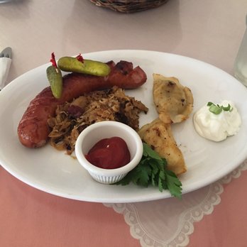 Gaufre's & Goods - Kielbasa special with 1 sausage and 2 pirogies - Greek Near Me - St. Augustine, Florida
