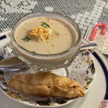 Aubrey Rose Tea Room - First course: delicious soup and a savory croissant - Tea Rooms Near Me - La Mesa, California