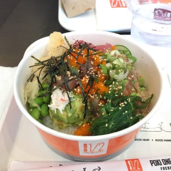 Poki One N Half - Medium bowl (3 seafood toppings) $9.99 with lots of other toppings. It was soooooo good! - Poke Near Me - San Diego, California Poki One N Half - Medium bowl (3 seafood toppings) $9.99 with lots of other toppings. It was soooooo good! - Poke Near Me - San Diego, California