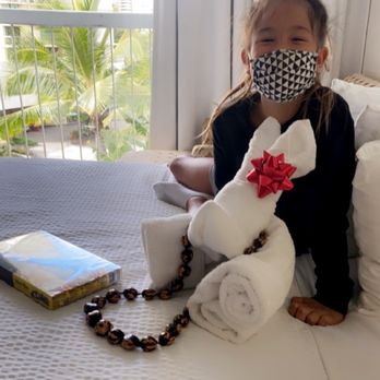 Hotel La Croix - The Birthday girl with her towel bunny, lei, and box of chocolates. compliments of Hotel La Croix. - Hotels Near Me - Honolulu, Hawaii