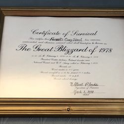 Faneek's Coney Island - The Blizzard of '78 certificate on the wall.