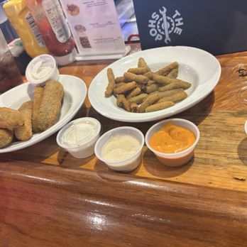 The Shop - Fried pickles and green beans w/ pub sauce, ranch, and garlic aoli. - Burgers Near Me - Holdenville, Oklahoma The Shop - Fried pickles and green beans w/ pub sauce, ranch, and garlic aoli. - Burgers Near Me - Holdenville, Oklahoma