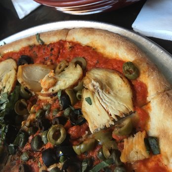 Custom Pie and Bar - Puttanesca pizza and baby spinach salad with warm bacon dressing! - Pizza Near Me - Moorpark, California Custom Pie and Bar - Puttanesca pizza and baby spinach salad with warm bacon dressing! - Pizza Near Me - Moorpark, California