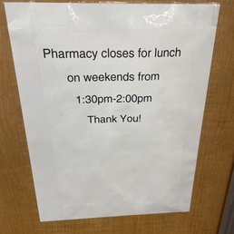 The haphazard changing of lunch paper taped to the wall near the front of the pharmacy. The haphazard changing of lunch paper taped to the wall near the front of the pharmacy.