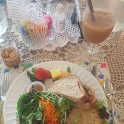 Country Thyme Tea Room and Catering - My delicious fruity turkey sandwich with a side salad and what's left of my iced spicy chai tea. Yummy!