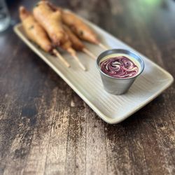 Shrimp corndogs and blueberry mustard