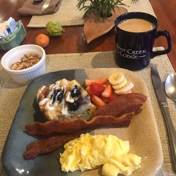 Bent Creek Lodge - Breakfast Day 1: Blueberry Strata, Bacon, Eggs, Yogurt w/ Homemade Granola, Fresh Fruit - Bed & Breakfast Near Me - Arden, North Carolina Bent Creek Lodge - Breakfast Day 1: Blueberry Strata, Bacon, Eggs, Yogurt w/ Homemade Granola, Fresh Fruit - Bed & Breakfast Near Me - Arden, North Carolina
