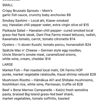 Moon & Turtle - Menu for the day, 03/02/2022 - Seafood Near Me - Hilo, Hawaii