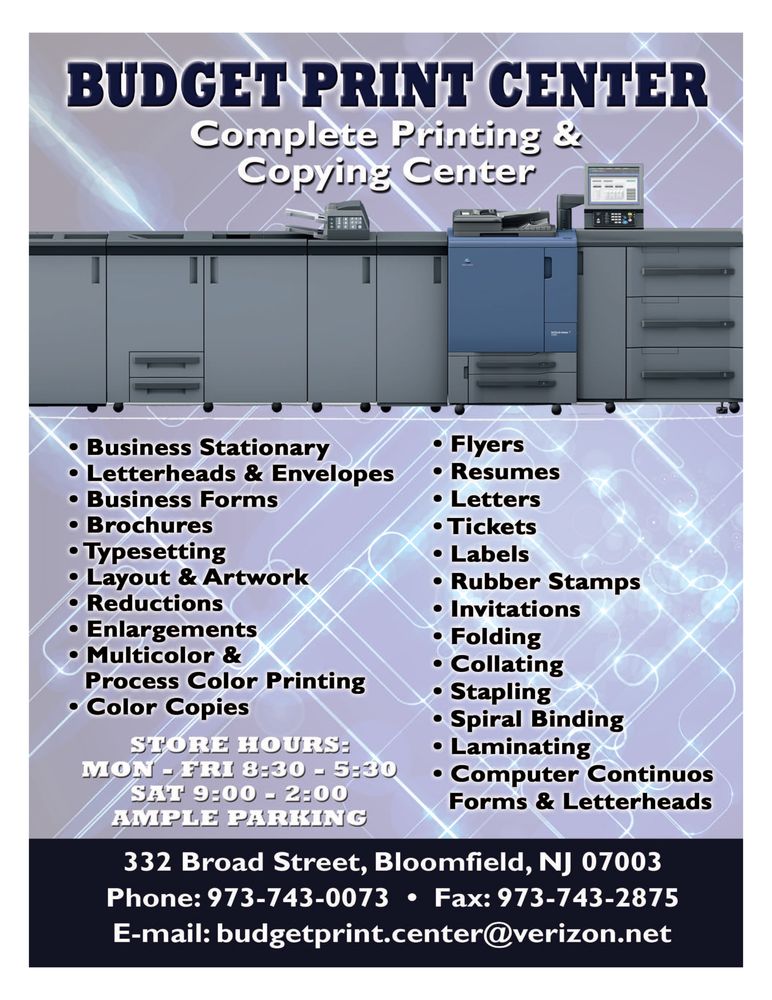 BUDGET PRINT CENTER Updated October 2024 332 Broad St, Bloomfield