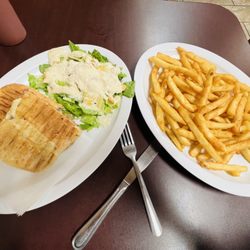 Brooklyn Pizza - 18th Ave Panini (+basil) with Caesar Salad and French Fries