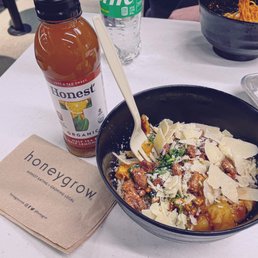 Create Your Own Stirfry (brown rice, chicken, pineapple, crispy onions, parsley, candied pecans, shaved Parmesan, sesame garlic sauce) Create Your Own Stirfry (brown rice, chicken, pineapple, crispy onions, parsley, candied pecans, shaved Parmesan, sesame garlic sauce)