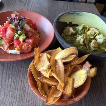 LATHA - Watermelon salad and shrimp aquachili with plantain chips - African Near Me - Phoenix, Arizona