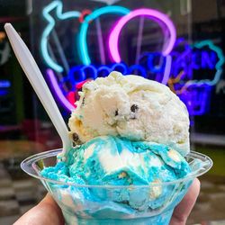 Tj's Ice Cream Plus - Double scoop with "A Day at the Zoo" (Cotton Candy flavor!) with cookie dough on top.