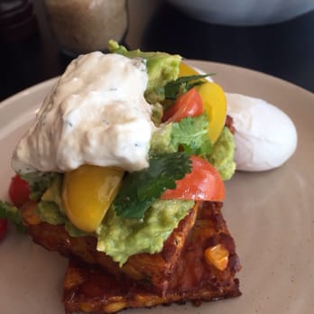 George Jones - Sweet corn fritters with poached eggs, avocado and dill cream. - Cafes Near Me - Pascoe Vale, VIC