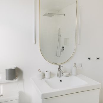 Bits & Bobs Odd Jobs - Replaced outdated pedestal sink with floating wall mounted vanity, modern toilet and mirror along with bright LED lighting. - Handyman Near Me