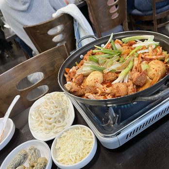 Mhat Korean Restaurant - Dak galbi with sides of fried glass noodles wrapped in seaweed, udon, and cheese - Korean Near Me - La Palma, California Mhat Korean Restaurant - Dak galbi with sides of fried glass noodles wrapped in seaweed, udon, and cheese - Korean Near Me - La Palma, California