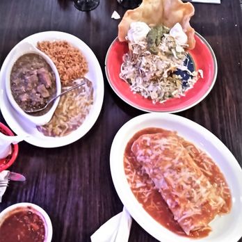 Edchadas Mexican - Clockwise from left: chile verde pork, chicken tostada, and chicken burrito. Margaritas up top; Coke and two salsa choices below. - Mexican Near Me - Twentynine Palms, California Edchadas Mexican - Clockwise from left: chile verde pork, chicken tostada, and chicken burrito. Margaritas up top; Coke and two salsa choices below. - Mexican Near Me - Twentynine Palms, California