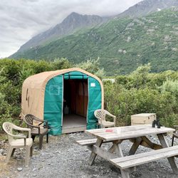 Knik Glacier Tours - The tent on the Knik River's edge to sit down and have hot chocolate during our 1-hour time on land.