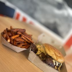 For The Win - Triple cheeseburger with sweet potato fries