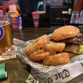 The Irish Corner Cantina - Peanut butter and jelly with bacon hamburger, onion rings - Salad Near Me - Joliet, Illinois The Irish Corner Cantina - Peanut butter and jelly with bacon hamburger, onion rings - Salad Near Me - Joliet, Illinois