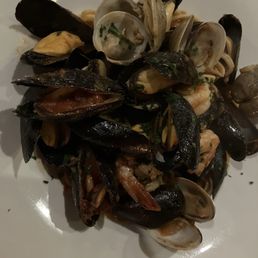 Linguini with seafood in a red sauce