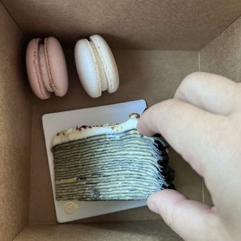 Marvel Cake - "Pistachio" crepe cake, not good. Macarons ok - Custom Cakes Near Me - Palo Alto, California