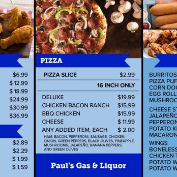 Paul's Gas & Liquor - Fresh made and ready to eat pizza by sliced is only a lunch time item large qua of chicken are made by order same as the 16" pizza - Convenience Stores Near Me - Lawrence, Michigan Paul's Gas & Liquor - Fresh made and ready to eat pizza by sliced is only a lunch time item large qua of chicken are made by order same as the 16" pizza - Convenience Stores Near Me - Lawrence, Michigan