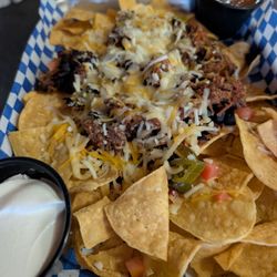 Redwoods Grill - Beef nachos. Replaced cheese sauce with shredded cheese.