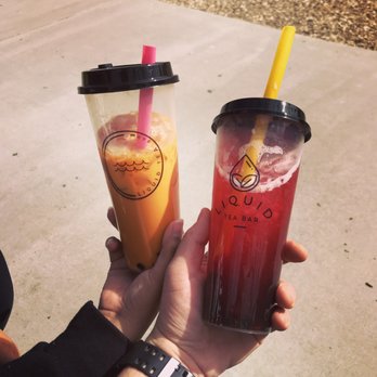 Liquid Tea Bar - (Left) Thai Tea, (Right) Strawberry Green Tea with Boba - Bubble Tea Near Me - San Bernardino, California