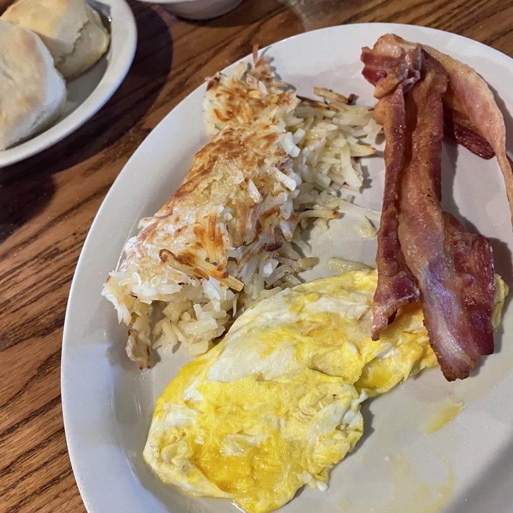 Cracker Barrel - Old Timer's Breakfast, bacon, eggs, hash Hashbrown Casserole, biscuits, butter, not in the photo: grits & white gravy - Breakfast & Brunch Near Me - Fishkill, New York Cracker Barrel - Old Timer's Breakfast, bacon, eggs, hash Hashbrown Casserole, biscuits, butter, not in the photo: grits & white gravy - Breakfast & Brunch Near Me - Fishkill, New York
