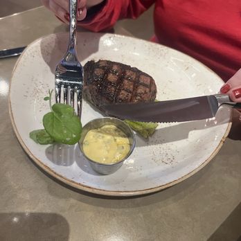 Gordon Ramsay Truffles Pub - Steak with a leaf that looks like it has been previously eaten by an insect - Seafood Near Me - Cherokee, North Carolina