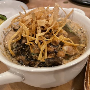 Inspiración 9 - Mushroom Soup. Hidden underneath are tomatoes and avocado. The broth is delicious. You can taste the char in the mushrooms. - Vegan Near Me - Tijuana, BCN