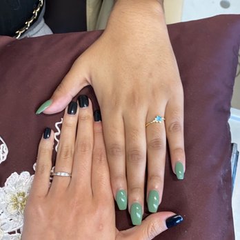 Four Seasons Nails Salon - Black Gel nails+ Olive Green acrylics - Nail Salons Near Me - Millbrae, California