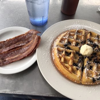 Cafe 222 - Cornbread blueberry waffle with a side of turkey bacon. - Breakfast & Brunch Near Me - San Diego, California Cafe 222 - Cornbread blueberry waffle with a side of turkey bacon. - Breakfast & Brunch Near Me - San Diego, California