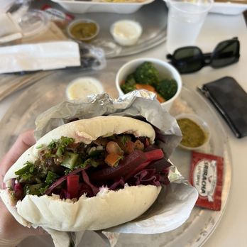 Pita 360 - Pita Pocket with Gyro and all toppings. Spicy cilantro and garlic sauce on the side. - Mediterranean Near Me - Gardena, California