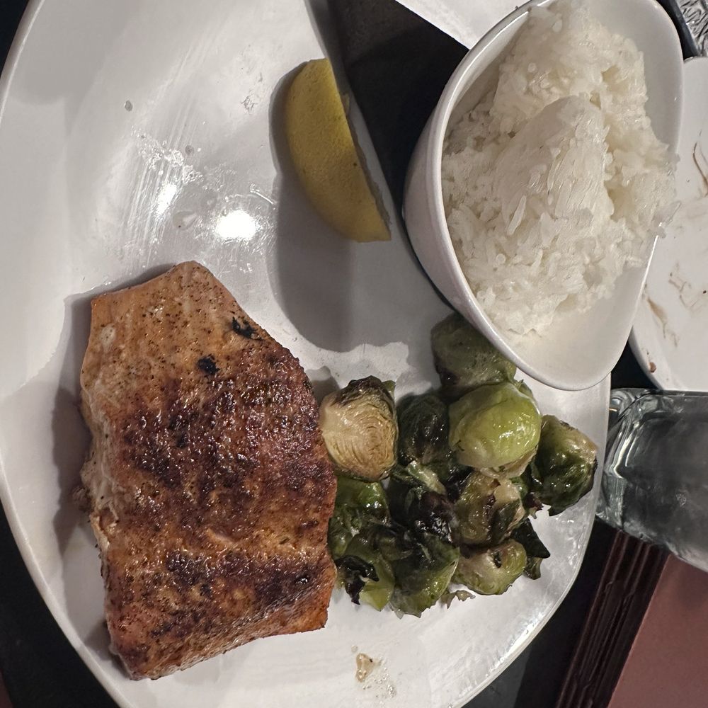 110 Grill - Cajun Salmon w/ white rice and Brussels sprouts - American Near Me - Wrentham, Massachusetts 110 Grill - Cajun Salmon w/ white rice and Brussels sprouts - American Near Me - Wrentham, Massachusetts