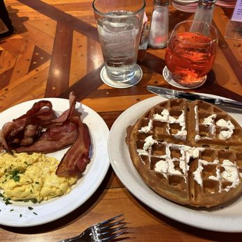 The Lighthouse Restaurant & Bar - Malted waffle with scrambled eggs and bacon. - Bars Near Me - Portland, Oregon The Lighthouse Restaurant & Bar - Malted waffle with scrambled eggs and bacon. - Bars Near Me - Portland, Oregon