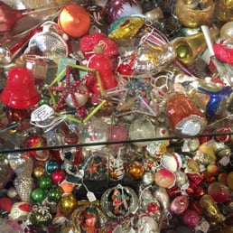 Closely packed shelves of vintage Christmas ornaments. Closely packed shelves of vintage Christmas ornaments.