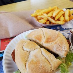Fried fish sandwich combo. Fries and drink included