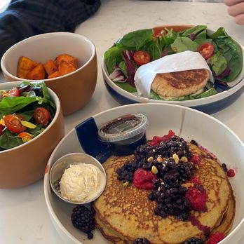 Amara Kitchen - Paleo pancakes with side of greens and sweet potatos, and vegan breakfast sandwich - Coffee & Tea Near Me - Los Angeles, California